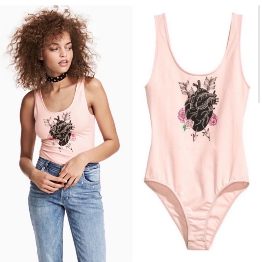 H&M COACHELLA Pink Bodysuit with a Black Heart EUC
